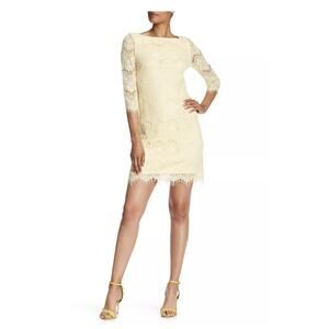 Eliza J NWT illusion 3/4 Sleeve Lace Shift Cocktail Dress Butter Yellow Size 6